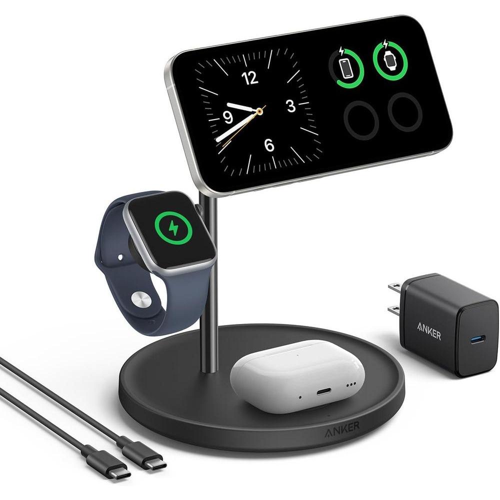 Anker MagSafe Charger Stand, iPhone 16 Wireless Charging Station, MagGo 3 in 1 Charging Station, Qi2 Certified 15W Wireless Charger, Desk Accessory, for iPhone 16/15/14/13/12, Apple Watch, AirPods