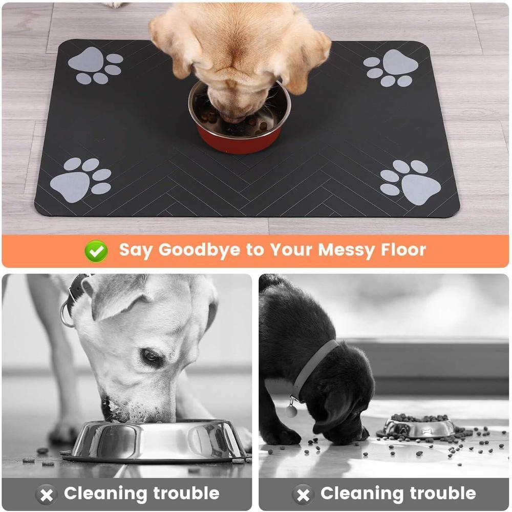 Tapete de alimentación para mascotas, absorbente para comida y agua, base de goma impermeable, gris oscuro a rayas
