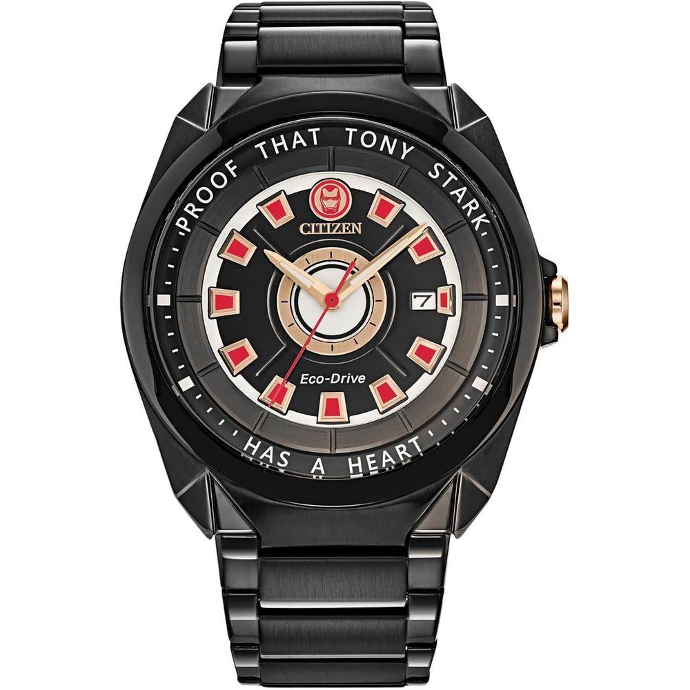 Citizen Eco-Drive Men's Marvel Tony Stark I Love You 3000" Black IP Stainless Steel Watch, 3-Hand Date, Luminous, 43mm,Etched Case Back (Model: AW1019-52W)