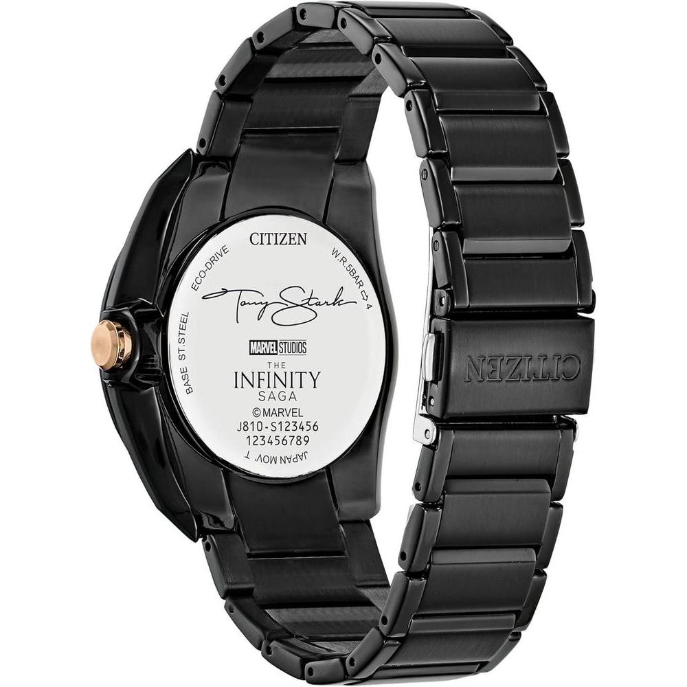 Citizen Eco-Drive Marvel Tony Stark I Love You - Reloj de acero inoxidable negro, con fecha de 3 manecillas, luminoso, parte trasera grabada
