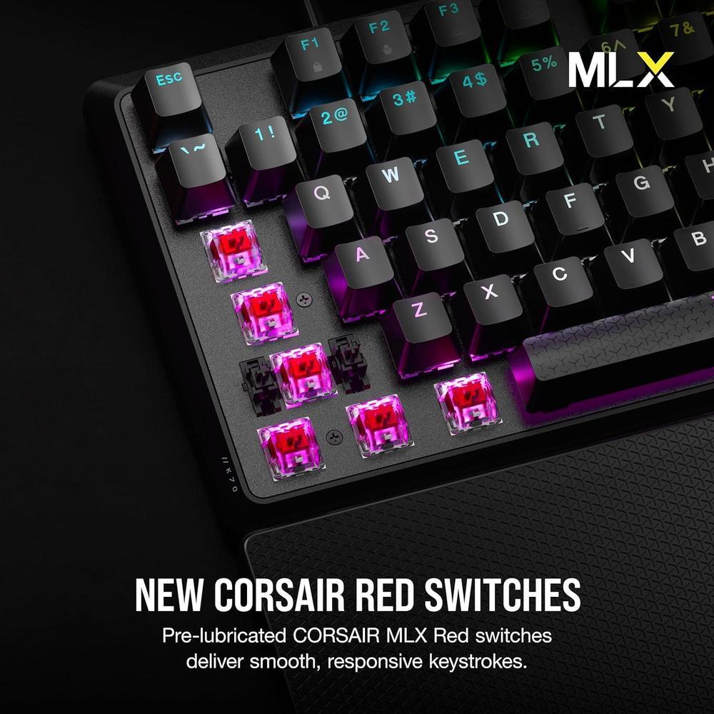 Teclado mecánico CORSAIR K70 CORE RGB para juegos, reposamanos, interruptores lineales rojos, control multimedia.
