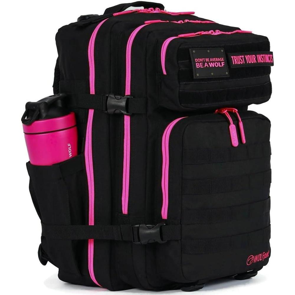 WOLFpak Mochila para portátil 45L rosa neón, táctica y resistente al agua, con parches personalizables y apertura de 180 grados