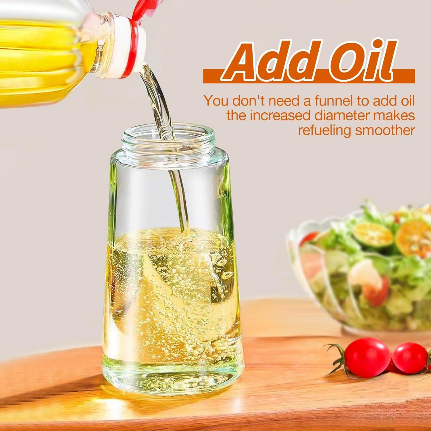 Dispensador de aceite de oliva, pulverizador de aceite 2 en 1 para cocinar, botella de aceite de vidrio de 17 oz/16.9 fl oz con vertedor, dispensador de aceite de grado alimenticio y