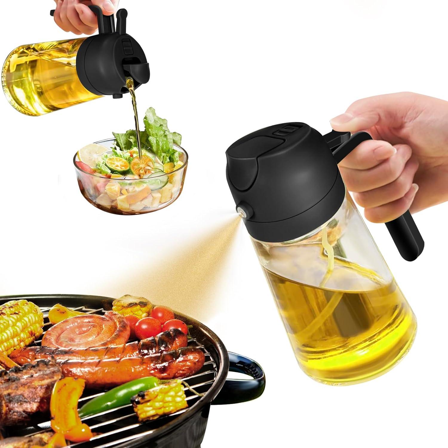 Dispensador de aceite de oliva, pulverizador de aceite 2 en 1 para cocinar, botella de aceite de vidrio de 17 oz/16.9 fl oz con vertedor, dispensador de aceite de grado alimenticio y