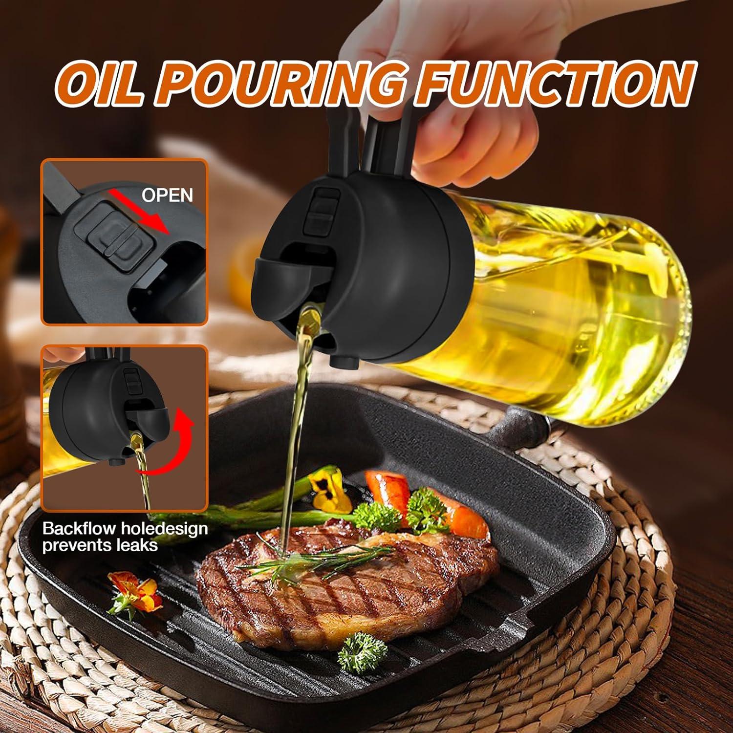 Dispensador de aceite de oliva, pulverizador de aceite 2 en 1 para cocinar, botella de aceite de vidrio de 17 oz/16.9 fl oz con vertedor, dispensador de aceite de grado alimenticio y