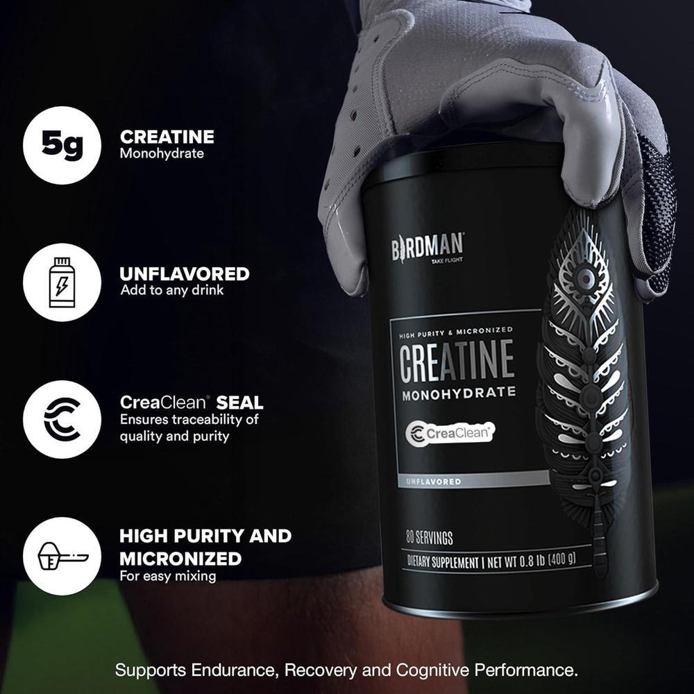 BIRDMAN Monohidrato de creatina micronizada en polvo, recuperación muscular, vegano, sin cafeína, sin gluten, sin azúcar, 80 porciones