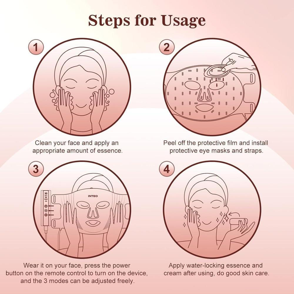 Máscara facial LED INTEO con terapia de luz roja, infrarroja y amarilla. Portátil, 3 modos con control remoto