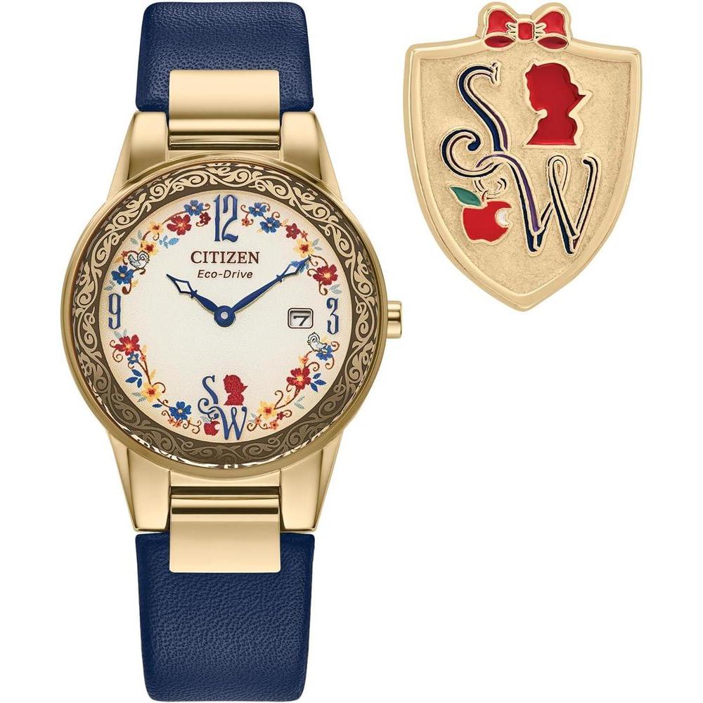 Citizen Ladies' Eco-Drive Disney Princess Snow White Gold Stainless Steel Case with Blue Leather Strap Watch and Pin Gift Set, Pale Gold Dial, Date (Model: GA1079-41W)