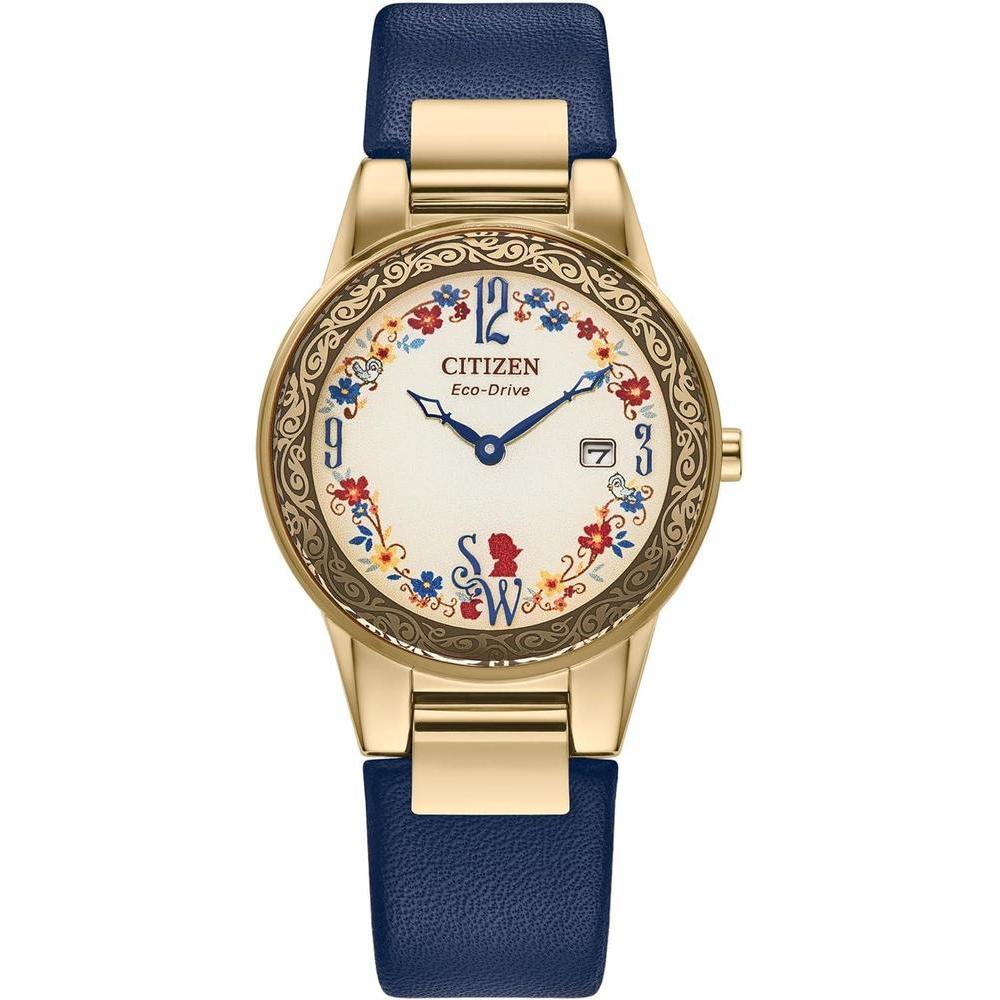 Citizen Eco-Drive Disney Princess, caja de acero oro con correa de cuero azul y juego de regalo de alfiler, modelo GA1079-41W