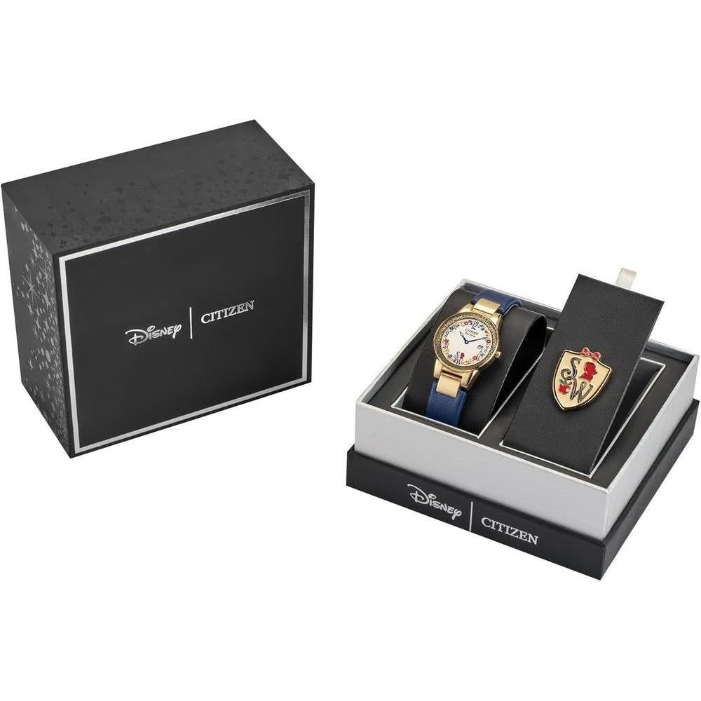 Citizen Eco-Drive Disney Princess, caja de acero oro con correa de cuero azul y juego de regalo de alfiler, modelo GA1079-41W