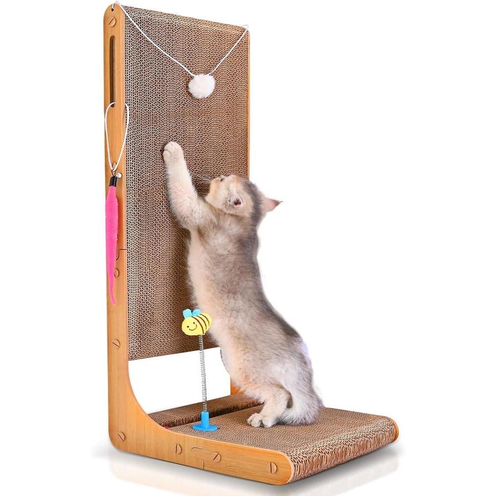 Cat Scratcher, 29.5in Cat Scratching Board, L Shaped Vertical Cat Scratcher for Indoor Cats, Anti Cat Scratch for Furniture with Bells, Fur Balls, Catnip, X-Large