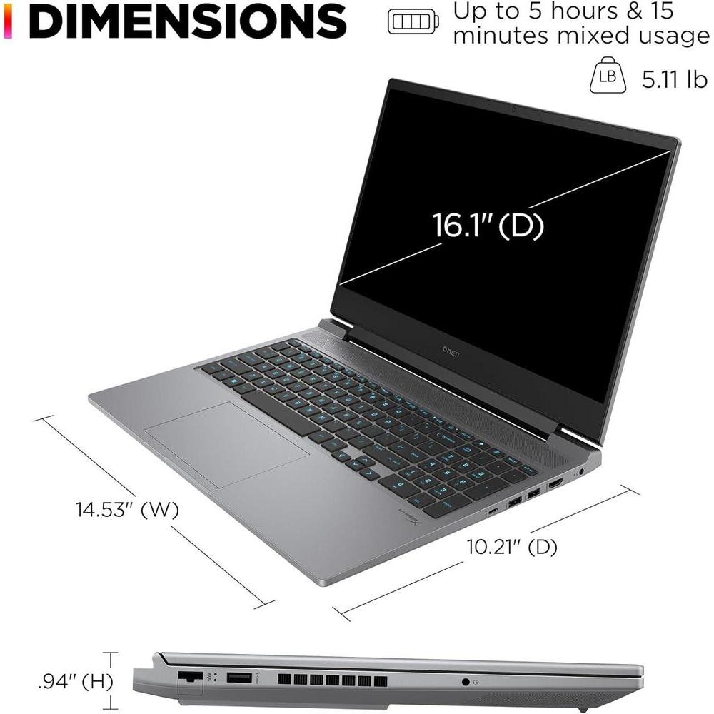 HP OMEN - Laptop de 16 pulgadas, FHD 144 Hz, Intel i7-14700HX, 16 GB RAM, 512 GB SSD, NVIDIA RTX 4060 (8 GB dedicado), Win 11, 16-ae0009nr (2024)