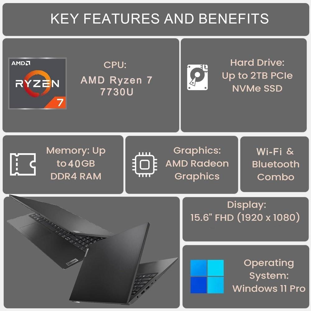 Lenovo V-Series V15, AMD Ryzen 7, 40GB RAM, 1TB SSD, Win 11 Pro, Teclado Numérico, Cámara Web, Negro