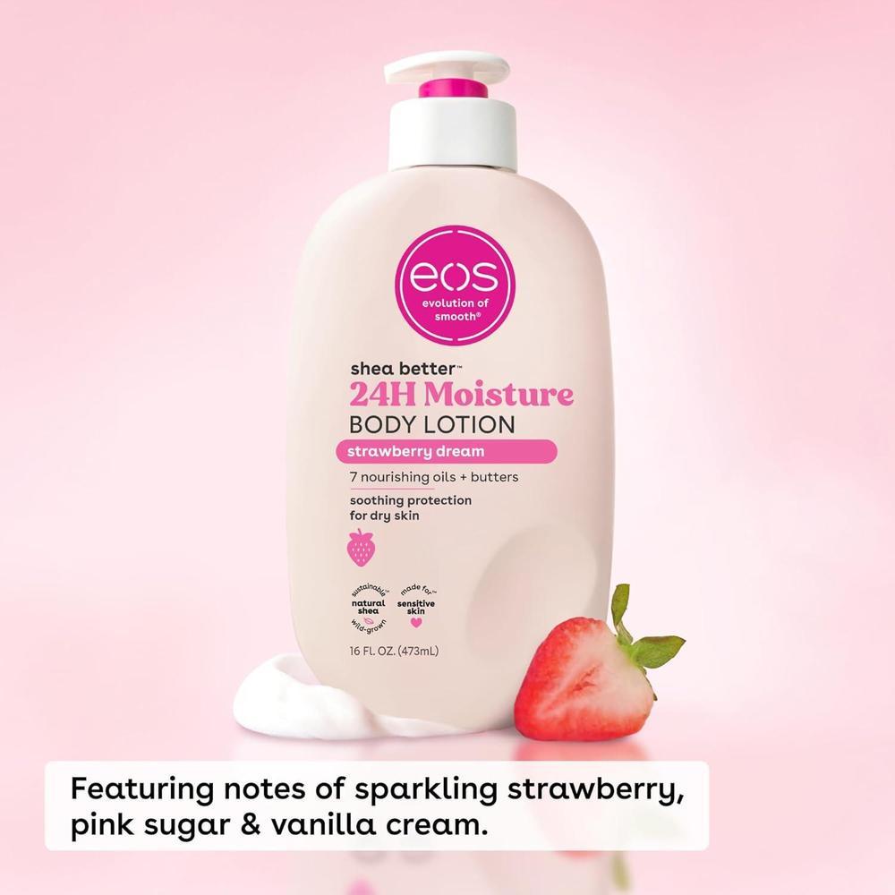Eos Loción Corporal Shea Better Strawberry Dream, hidratante vegana 24 horas, aroma fresa, ligera y no grasa