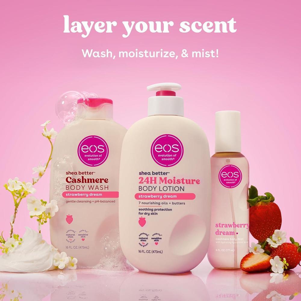 Eos Loción Corporal Shea Better Strawberry Dream, hidratante vegana 24 horas, aroma fresa, ligera y no grasa