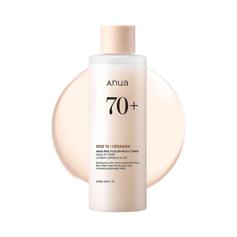 ANUA Rice 70 Glow Milky Toner, para piel de vidrio, agua de arroz, niacinamida, ceramidas, pantenol, sin fragancia, no comedogénico, seguro para el acné fúngico, cuidado de la piel coreano, 250ml