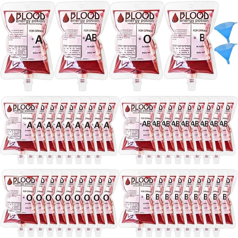 Paquete de 40 bolsas de sangre reutilizables para bebidas con embudo, decoración de fiestas de Halloween y eventos temáticos