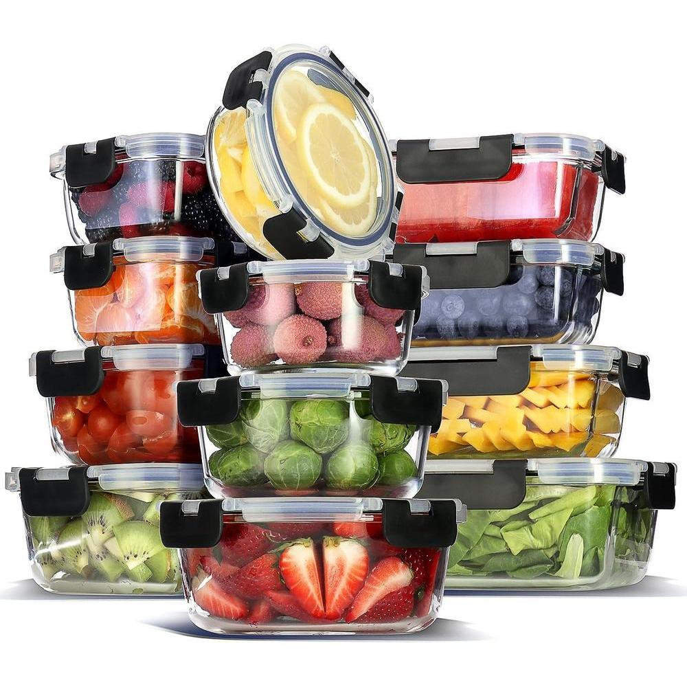 EATEX 12-Pack Glass Food Storage Containers with Lids, Airtight Glass Meal Prep Containers, Reusable Glass Food Containers with Leakproof Snap Lock Lids, Oven Microwave Freezer Safe Lunch Containers