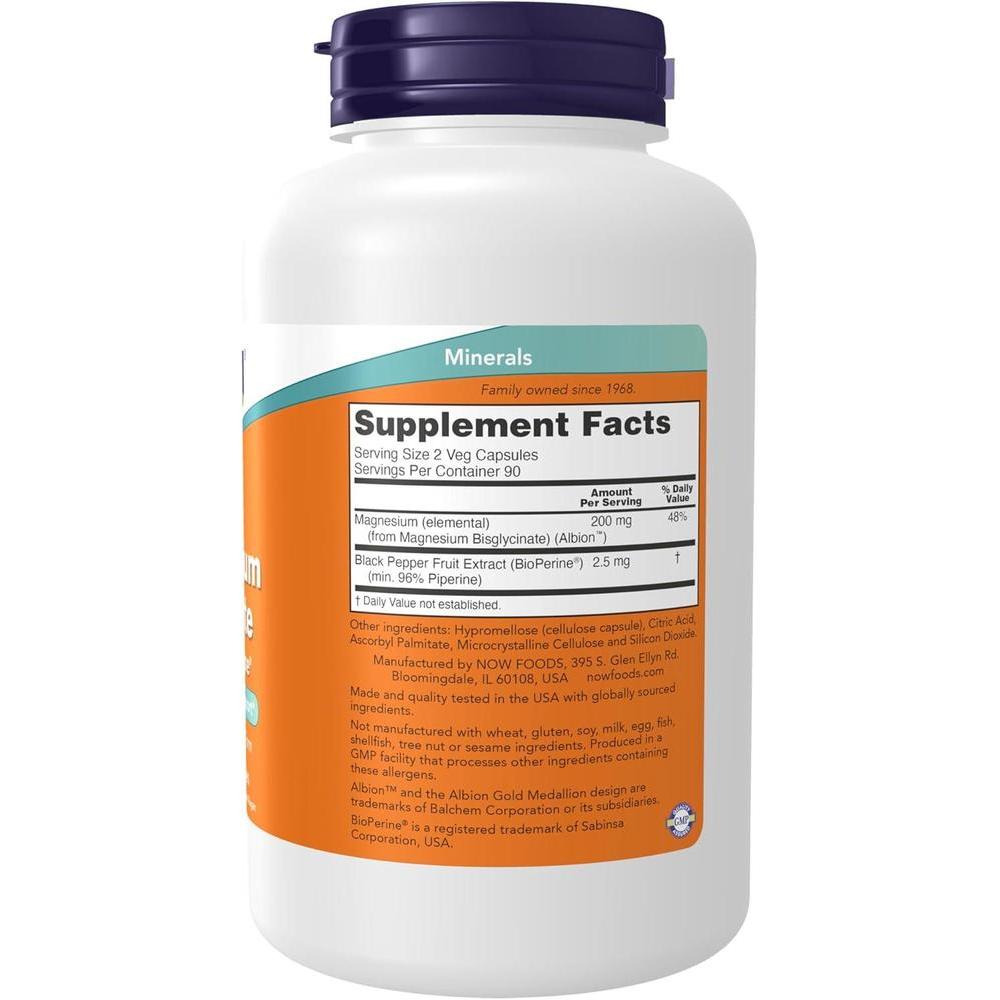 NOW Foods Suplementos, Glicinato de Magnesio con BioPerine, 180 Cápsulas Vegetales