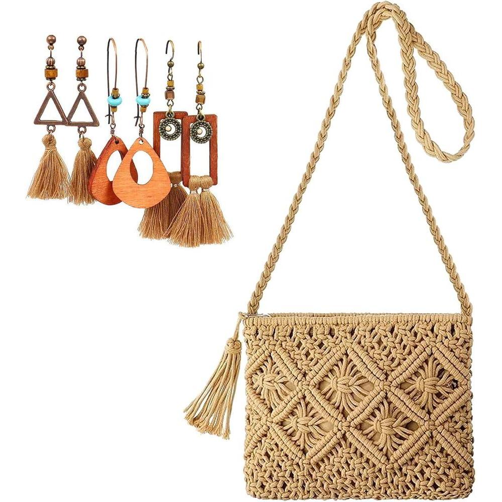 Small Beach Straw Purse For Women Straw Bags Crossbody Shoulder Handbags Woven Tote Purse with 3 Pairs Bohemia Earrings