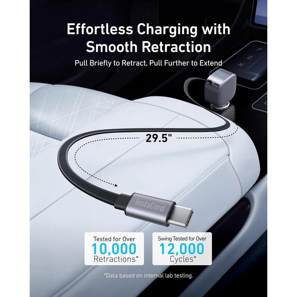 Anker Cargador de coche USB-C, carga rápida de 75W, ultracompacto con cable retráctil para múltiples dispositivos