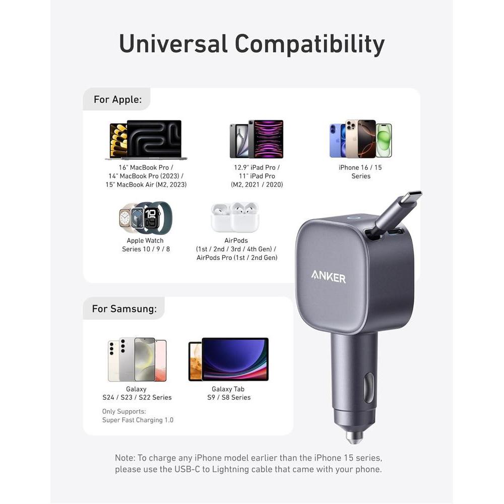 Anker Cargador de coche USB-C, carga rápida de 75W, ultracompacto con cable retráctil para múltiples dispositivos