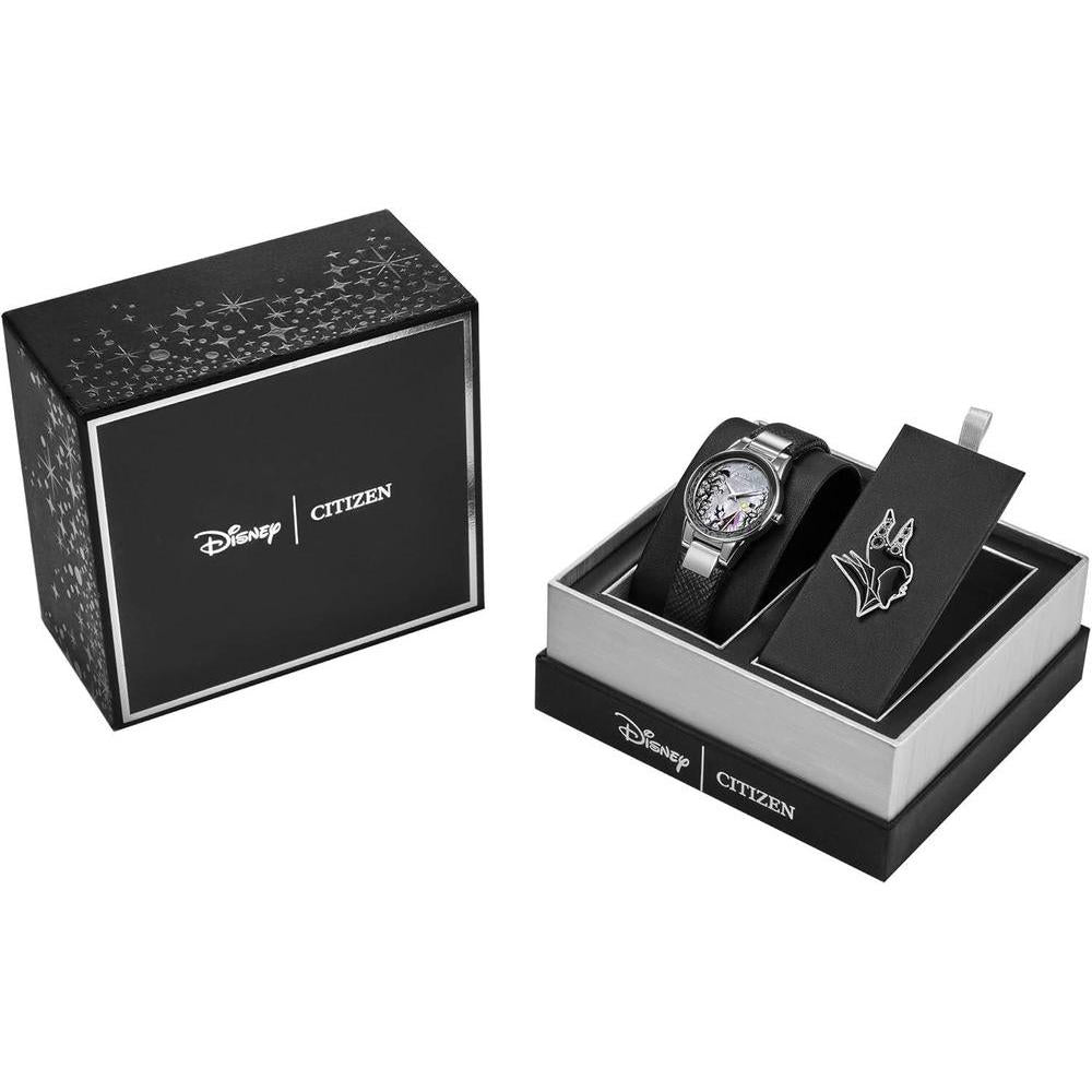 Citizen Eco Drive Maléfica Charm Box Set, Disney Villains, correa de cuero negro, Tono-plateado, Classic