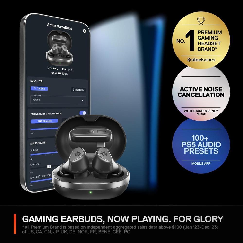 Arctis GameBuds para PlayStation, PC, Switch y móviles, con ANC, 2.4GHz y Bluetooth 5.3, resistentes al agua, batería 40H, estuche Qi