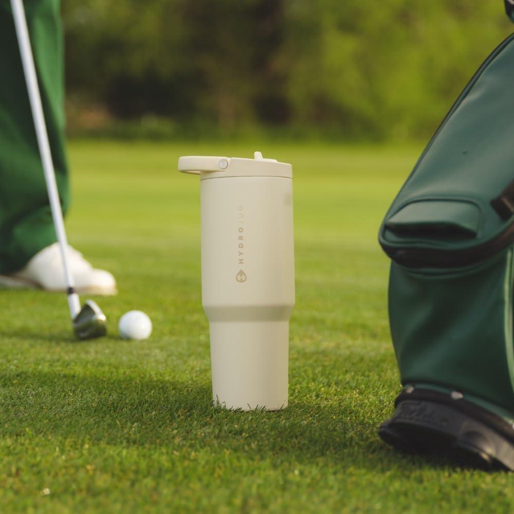 Botella HydroJug de acero inoxidable con popote, aislamiento al vacío, durable y ergonómica. Ideal para el gimnasio y actividades al aire libre