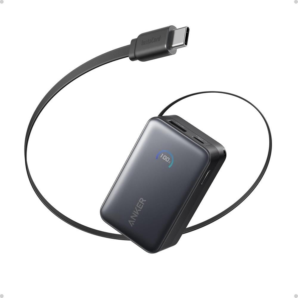 Anker Nano Power Bank, 10,000mAh Portable Charger with 2.3 ft InstaCord Retractable Cable, 45W Max Compact Battery Pack, Smart Display, for iPhone 16 Series, iPad, Galaxy, Pixel, and More