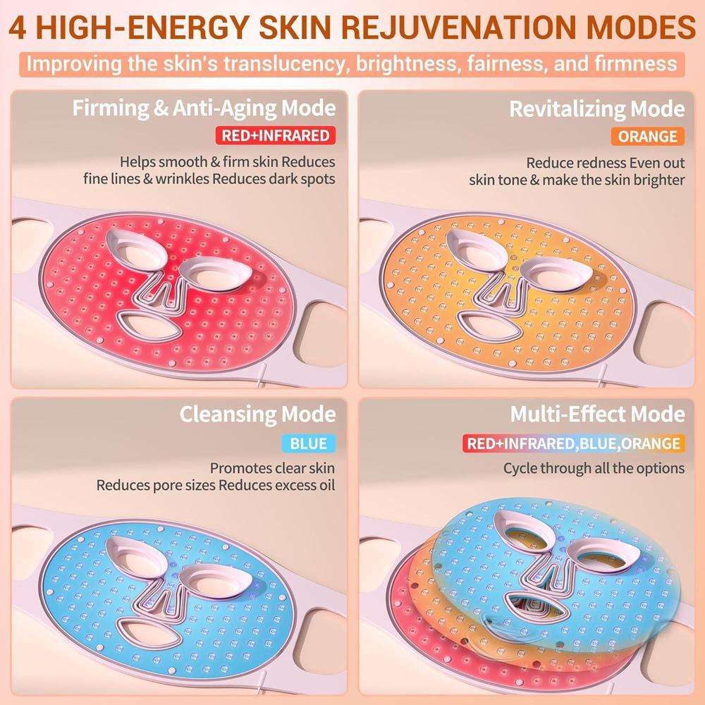 Máscara facial LED con terapia de luz roja, 4 modos, control remoto recargable, luz azul, naranja, infrarroja y roja