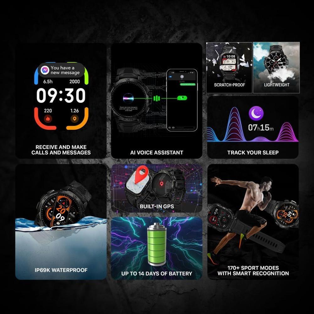 CARBINOX Blaze Smartwatch con GPS, resistente, 170+ modos deportes, Gorilla Glass, llamadas, compatible Android iOS