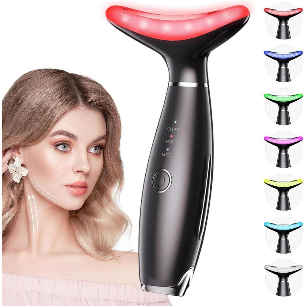 Máquinas Galvanicas de 7 Colores - Terapia de Luz Roja para Cara y Cuello, Herramienta de Masaje Facial para Arrugas, Mentón Doble, Masajeador Facial Vibrador con Termales, Negro
