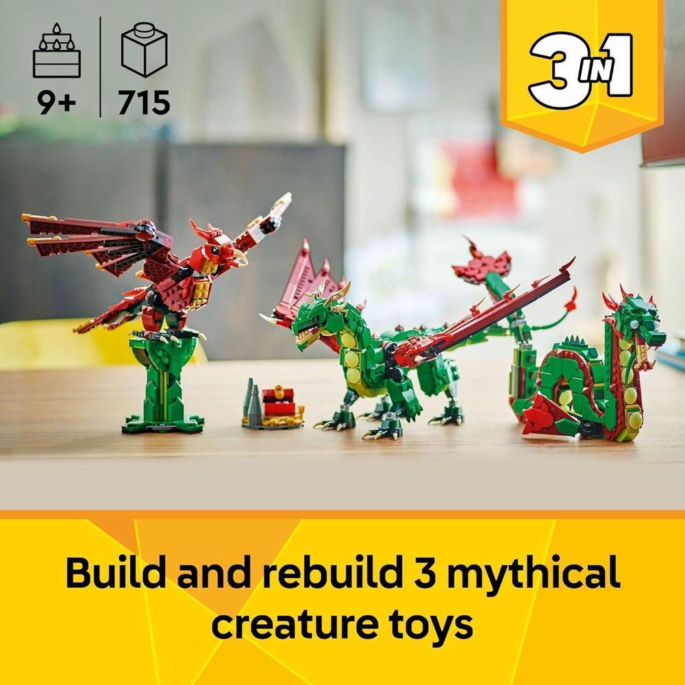 LEGO Creator Juguete medieval 3 en 1 con dragón, serpiente marina y fénix para niños y niñas