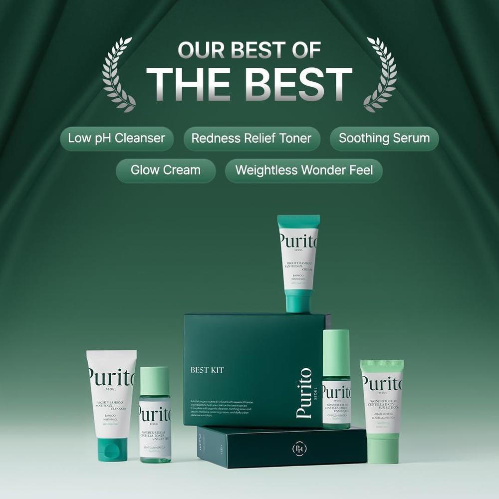 PURITO SEOUL Best Kit - Rutina de cuidado facial con limpiador, suero, tónico y crema, para todo tipo de piel, set de regalo K-Beauty