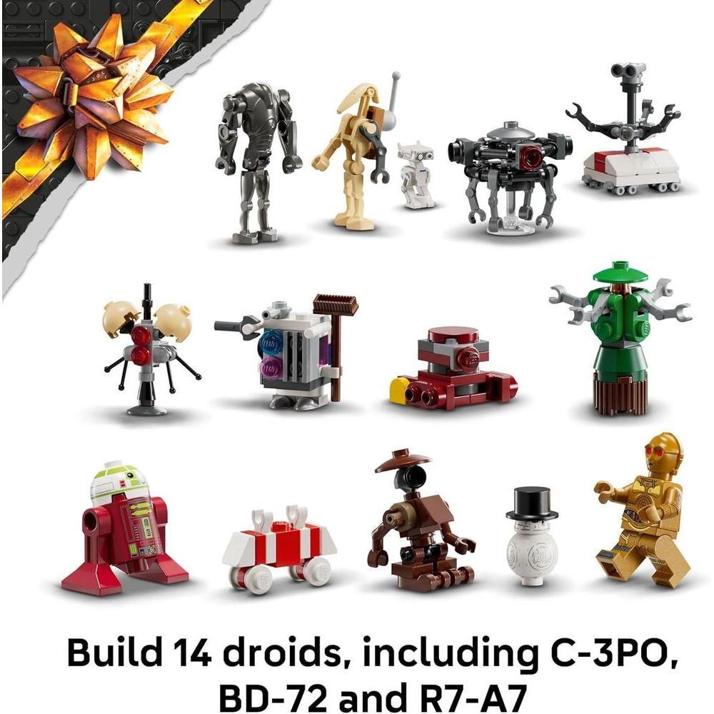 LEGO Star Wars Calendario de Adviento 2025 para niños: juego de cuenta regresiva de vacaciones con 24 sorpresas, inc. minifiguras