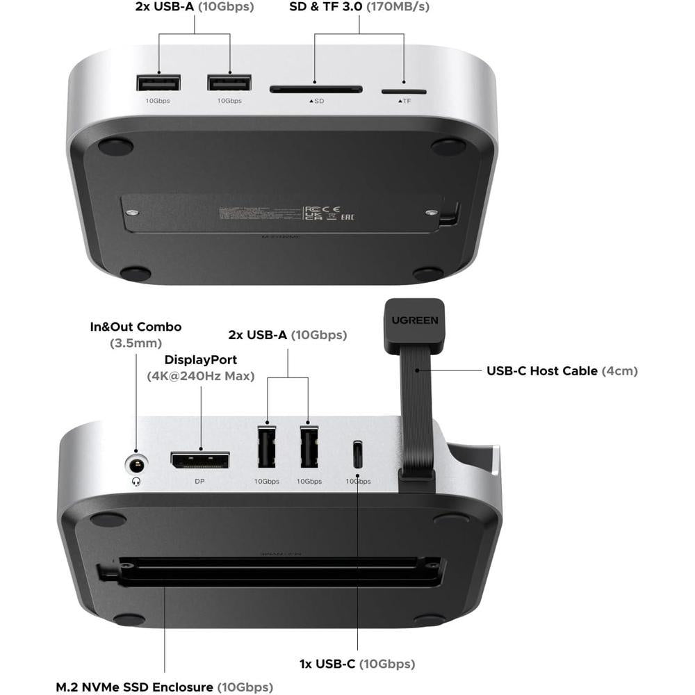 UGREEN Dock con Soporte DP Hub para Mac mini M4/M4 Pro 2024, SSD M.2 NVMe, Conectividad 10G, 4K, USB A/C, SD/TF, Audio