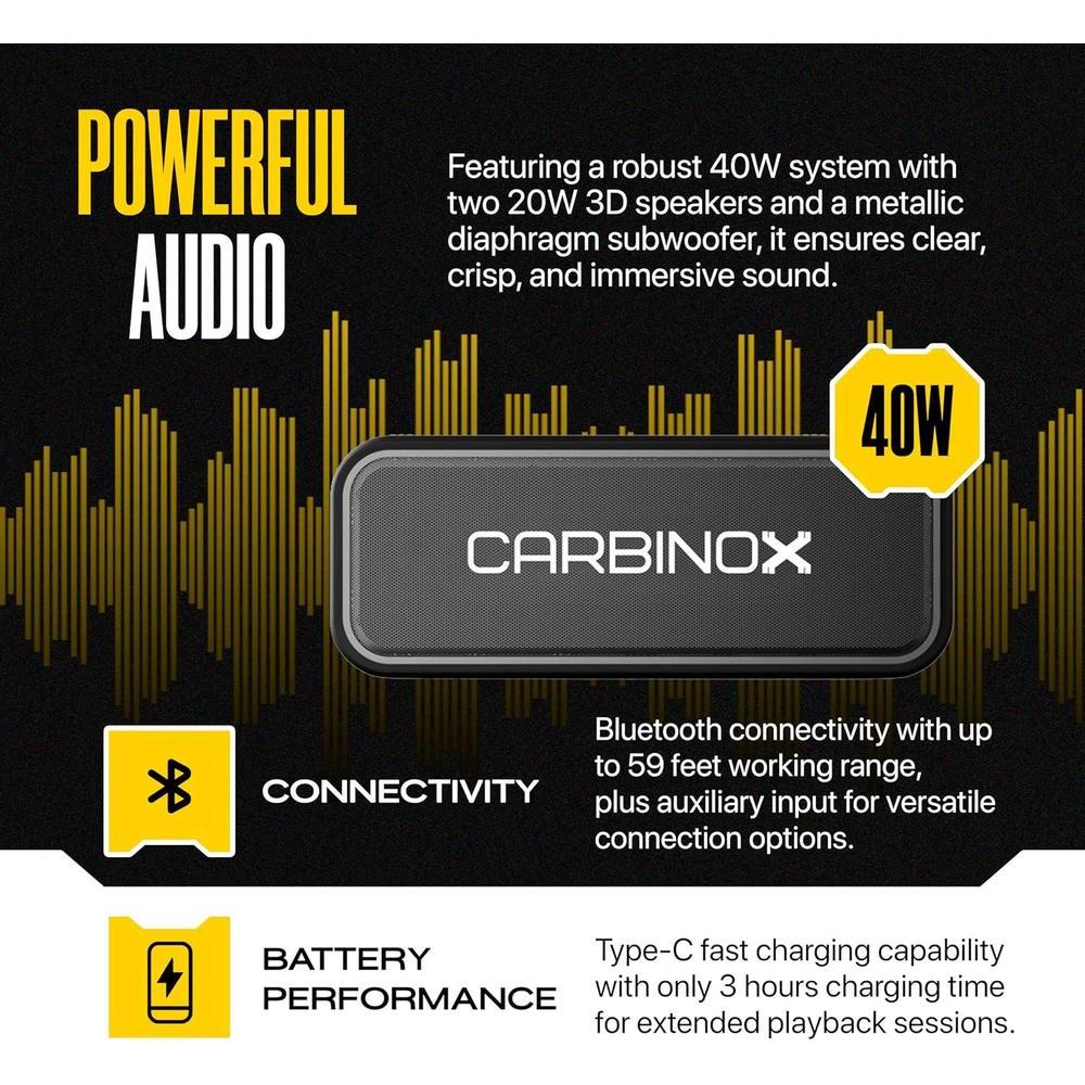 Altavoz Bluetooth portátil CARBINOX con impermeabilidad IPX7, carga rápida usb-C, sonido 3D, color negro