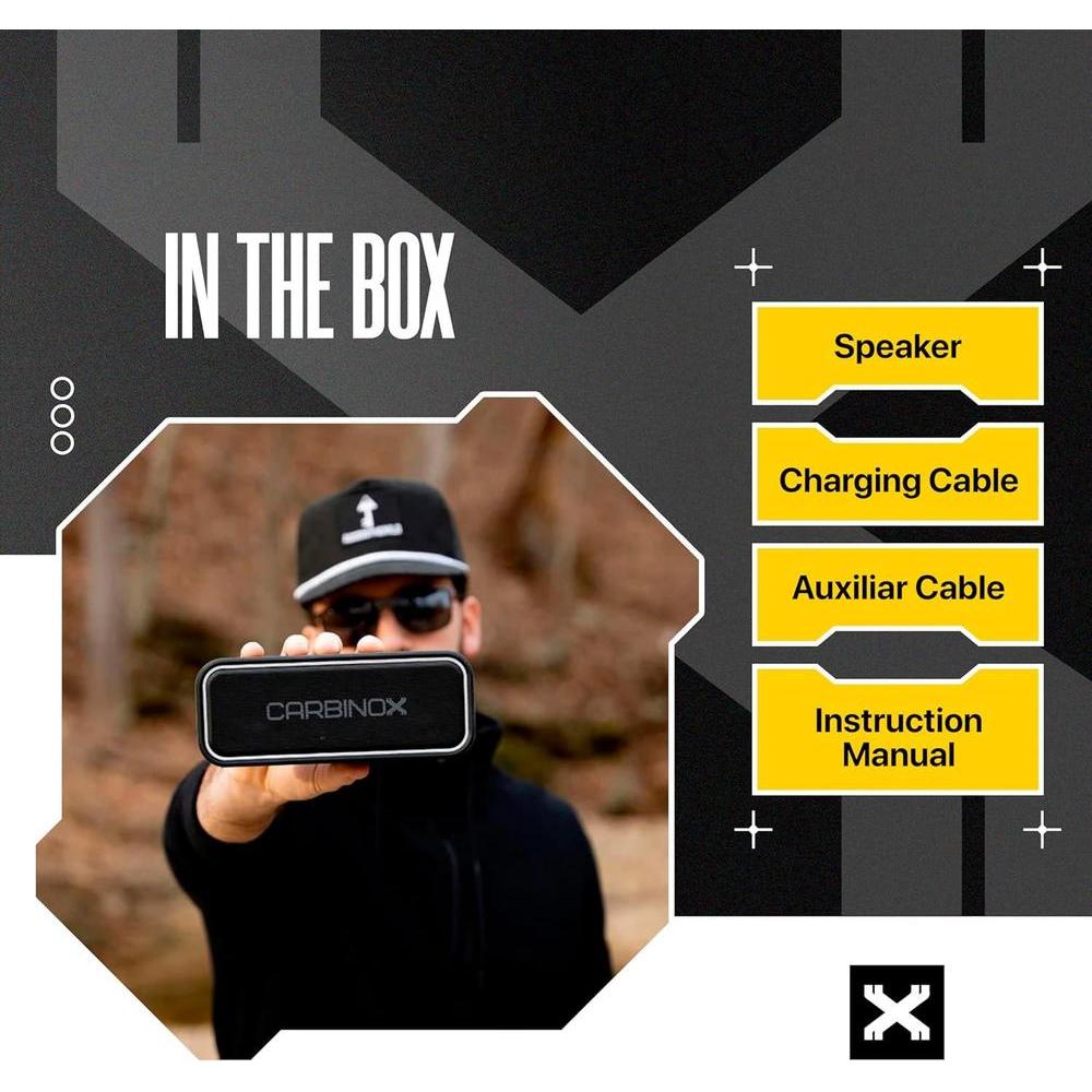 Altavoz Bluetooth portátil CARBINOX con impermeabilidad IPX7, carga rápida usb-C, sonido 3D, color negro