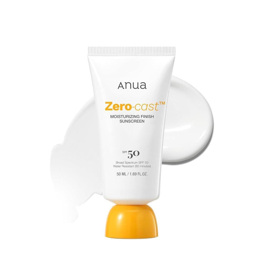 Anua Protector solar de acabado hidratante sin fundición, SPF 50, protector solar natural brillante, sin yeso blanco, ácido hialurónico, bloque solar de niacinamida para cara, sin aceite, sin oxibenzona, esencial para viajes (1.7 fl oz/1.69 fl oz)