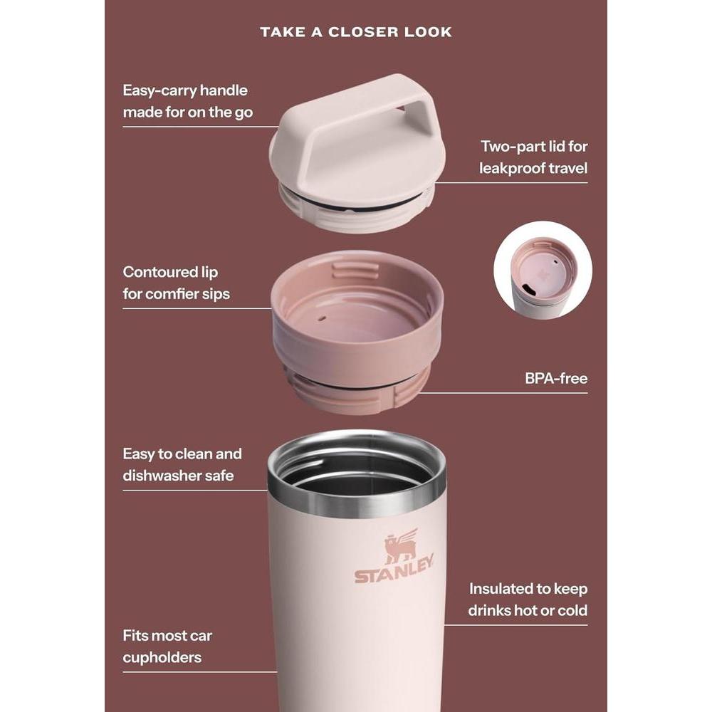STANLEY Cafe To Go - Taza de viaje, tapa a prueba de fugas de dos partes para café, té y bebidas, acero inoxidable sin BPA, escarcha
