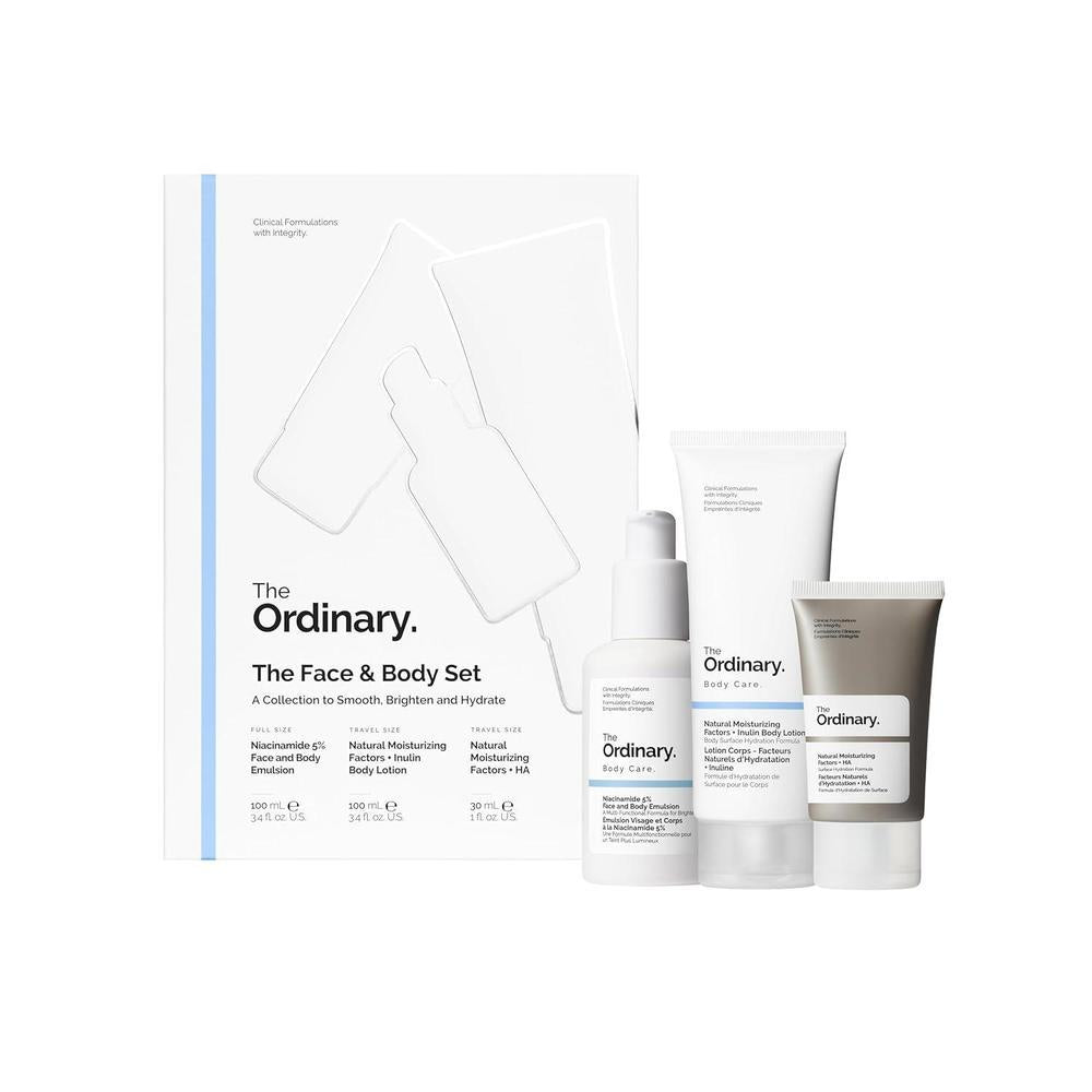 The Ordinary Set Facial y Corporal de Rutina Diaria de Cuidado de la Piel con Emulsión Facial y Corporal de Niacinamida 5%, Loción Corporal Hidratante Natural con Inulina y Factores Hidratantes
