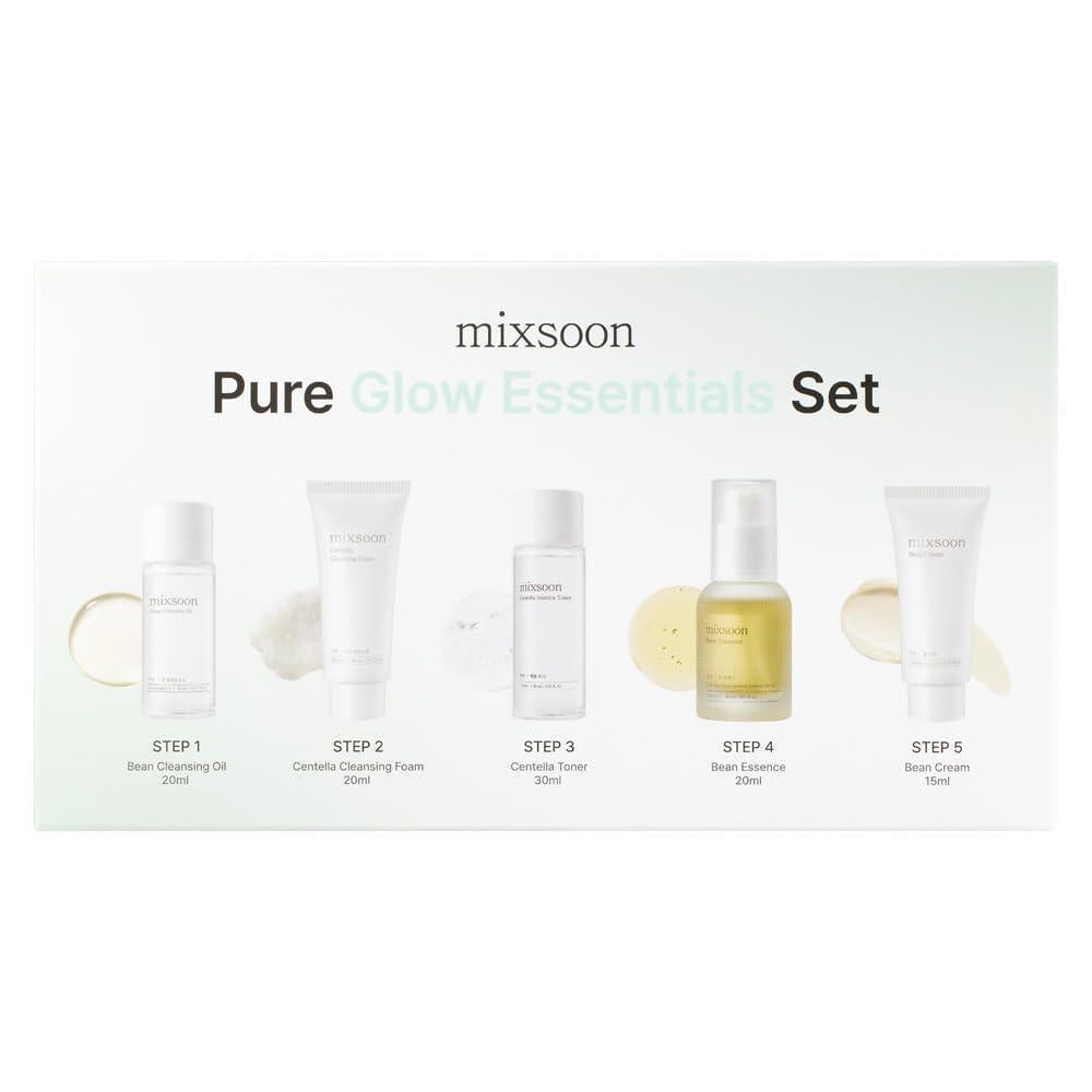 mixsoon Set de Esenciales Pure Glow - Kit de Cuidado de la Piel de 5 Pasos - Set de Regalo Hidratante para el Cuidado de la Piel, Aceite Limpiador, Espuma, Tónico, Esencia, Crema (15ml*1+20ml*3+30ml*1