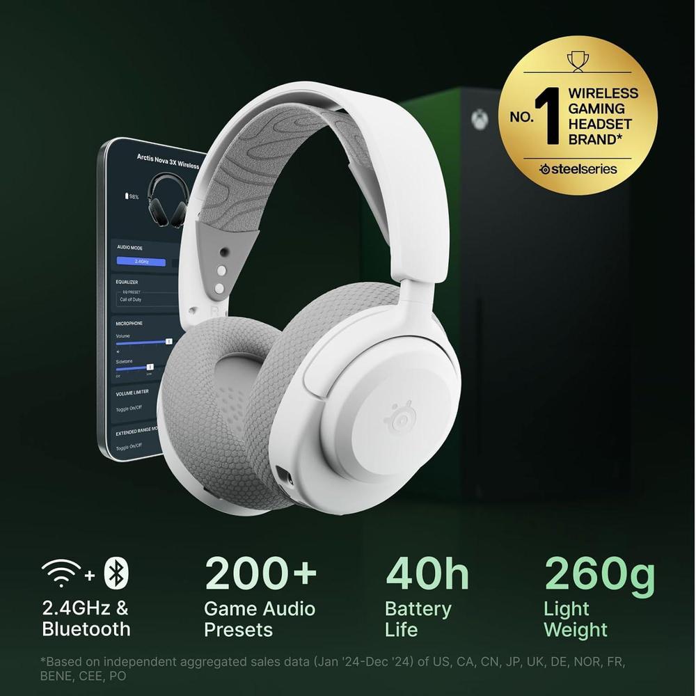 SteelSeries Arctis Nova 3X Wireless Gaming Headset con Control por App y Batería de 40 Horas, Drivers Magnéticos, Multi-Plataforma