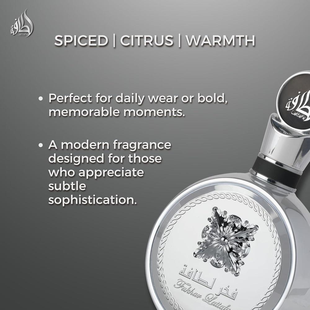 Lattafa Fakhar Platin Eau de Parfum para hombre, fragancia picante de madera con bergamota, jengibre y sándalo, aroma audaz y moderno