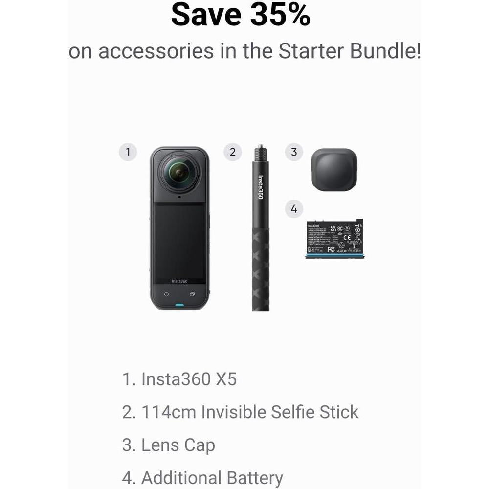 Insta360 X5 Starter Bundle - Cámara de Acción 8K 360° Impermeable, Selfie Stick Invisible, Lentes Reemplazables, Batería Extensa