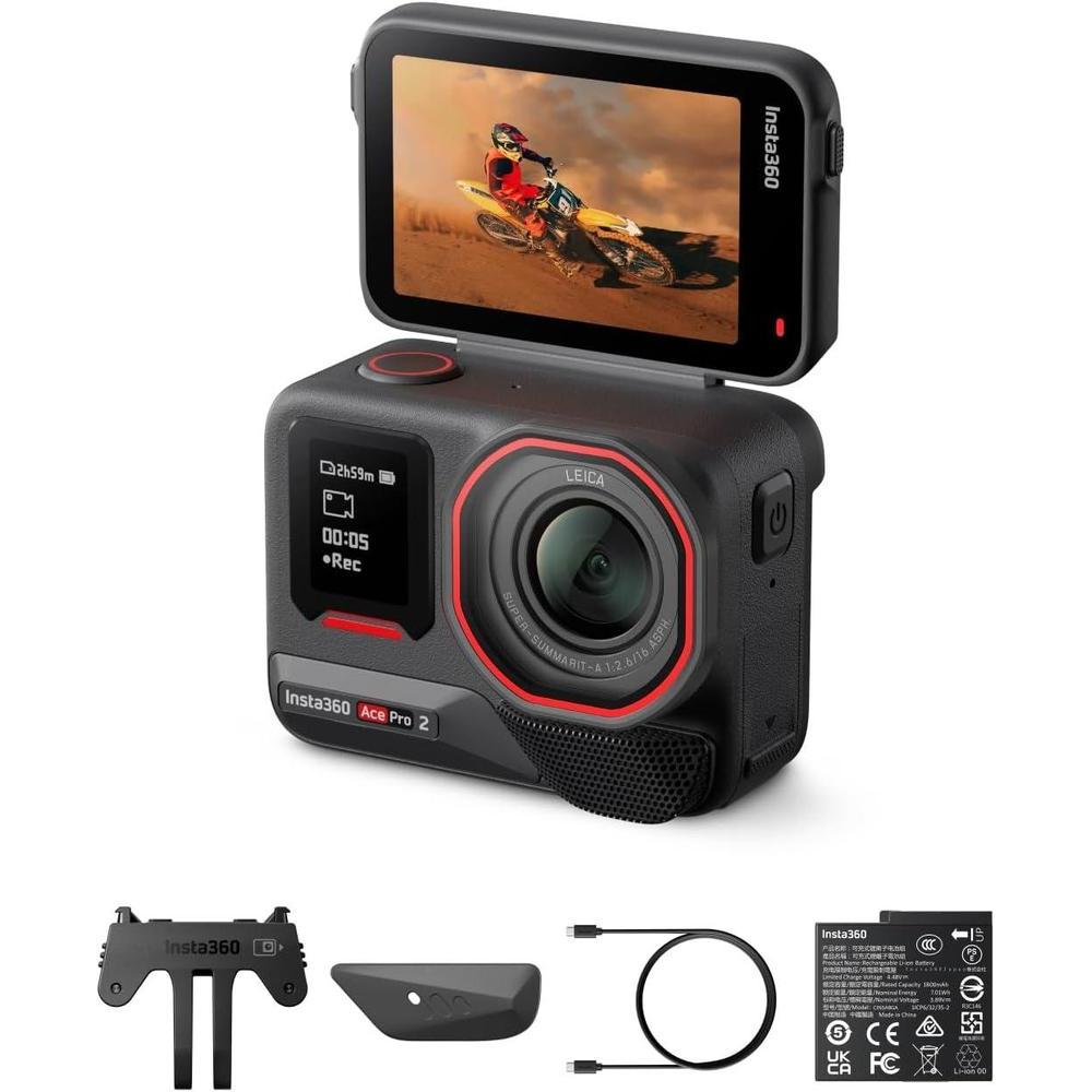 Insta360 Ace Pro 2 Single Battery Bundle - 8K Waterproof Action Camera Co-Engineered with Leica, 1/1.3" Sensor, Dual AI Chip, Leading Low Light, Superior Audio, Flip Screen & AI Editing for Vlogs