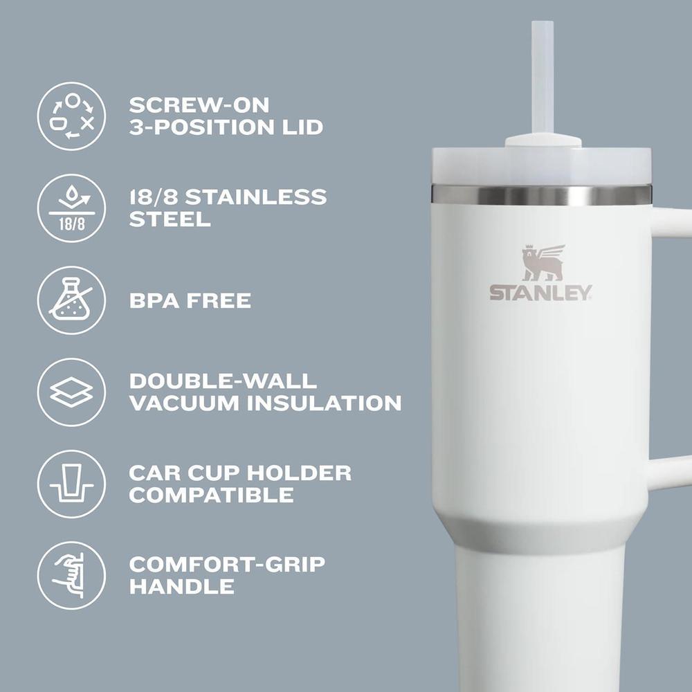 Stanley Quencher H2.0, vaso acero inoxidable con asa, pajilla, tapa giratoria FlowState, aislamiento térmico, sin BPA, azul claro