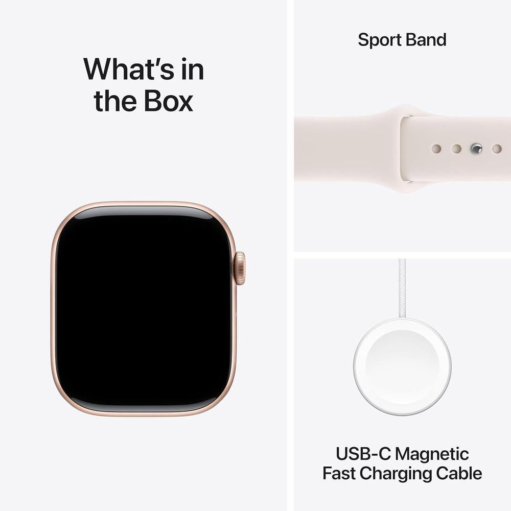 Apple Reloj inteligente Serie 11 GPS con caja de aluminio oro rosa y correa deportiva color rubor claro. Monitoreo de salud y fitness