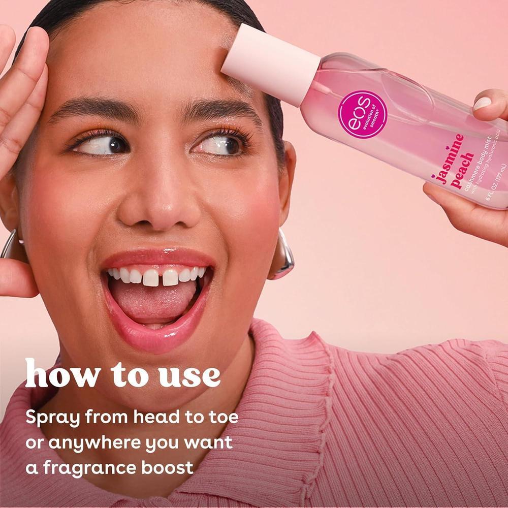 Spray corporal eos de cachemira, aroma jazmín y melocotón, hidratante con ácido hialurónico y glicerina, vegano y cruelty-free